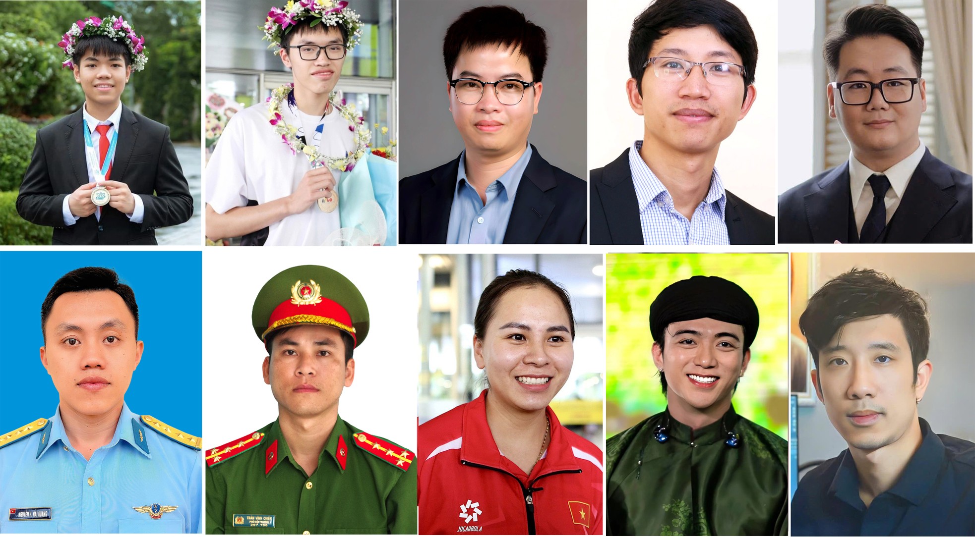 10 Gương mặt trẻ Việt Nam tiêu biểu năm 2024: Nguyễn Hữu Tiến Hưng, Thân Thế Công, Phạm Huy Hiệu, Nguyễn Viết Hương, Hoàng Khắc Hiếu, Nguyễn Hoàng Hải Quang, Trần Vĩnh Chiến, Trịnh Thu Vinh, Nguyễn Hoàng Sơn, Phùng Quang Trung (lần lượt từ trái sang phải, từ trên xuống).
