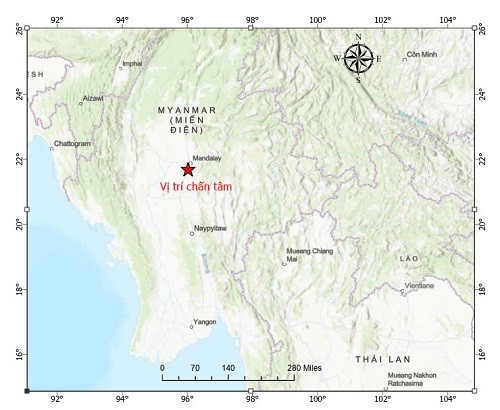 Tâm chấn trận động đất tại Myanmar trưa nay (28/3).