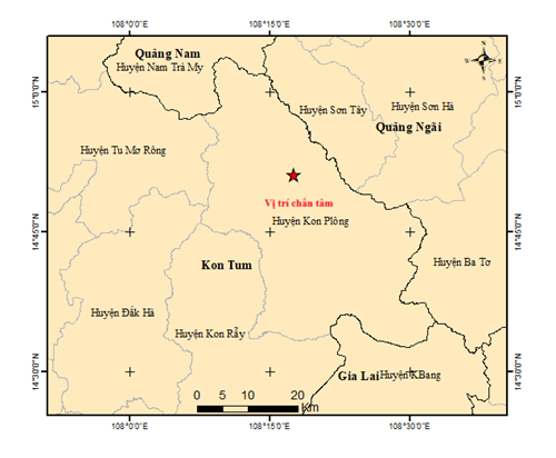 Vị trí xảy ra liên tiếp 3 trận động đất sáng nay ở Kon Tum.