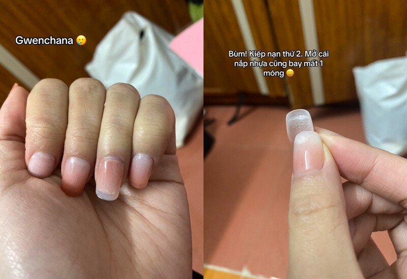 Nhận thấy sự bất ổn của bộ nail 260k, nữ khổ chủ đã quay lại tiệm để yêu cầu sửa lại nhưng trông cũng chẳng khác biệt.  Đỉnh điểm là vài ngày sau đó, một chiếc móng giả đã bị bong ra khiến cô gái chán nản.