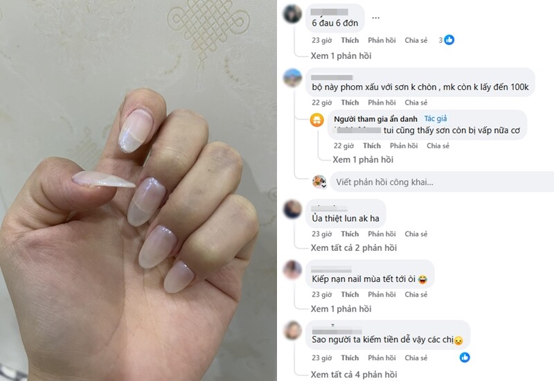 Một bộ nail khác trông đơn giản hết sức, thậm chí không có gắn đá hay vẽ hoa lá cành cầu kỳ nhưng cũng có mức giá gần 500 nghìn. Thậm chí, một số người còn "soi" ra được sơn móng không đẹp.