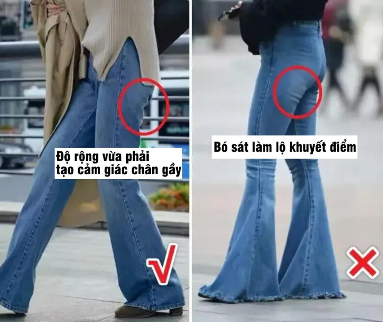 Hình ảnh so sánh hai chiếc quần jeans cho thấy việc chọn quần có độ rộng nhất định sẽ khiến chúng ta trông thon thả hơn. 