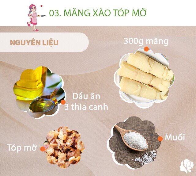 Chuẩn bị: 300g măng chua, 3 thìa dầu ăn, nửa bát ăn cơm tóp mỡ, muối, hành lá.