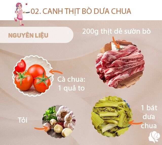 Chuẩn bị: 200g thịt dẻ sườn bò,  1 bát dưa chua, tỏi, 1 quả cà chua, một mẩu gừng.