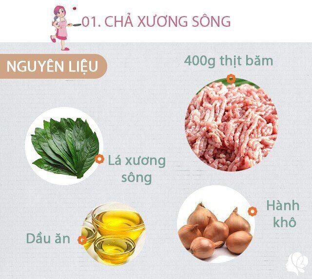 Chuẩn bị: 300g thịt lợn băm, một nắm lá xương sông rửa sạch, 1 củ hành khô, dầu ăn, hành lá xắt nhỏ, muối.