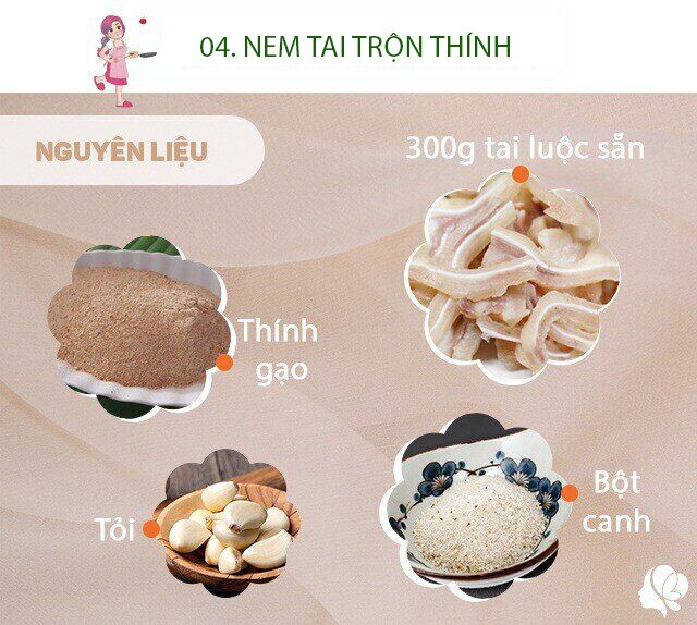 Nguyên liệu: 300g tai heo luộc chín, thái sẵn; 100g thính gạo; 1 muỗng cà phê nước mắm; 1 muỗng cà phê bột canh; 1 muỗng cà phê đường; 1 củ tỏi; 3 quả ớt; 5-7 lá chanh