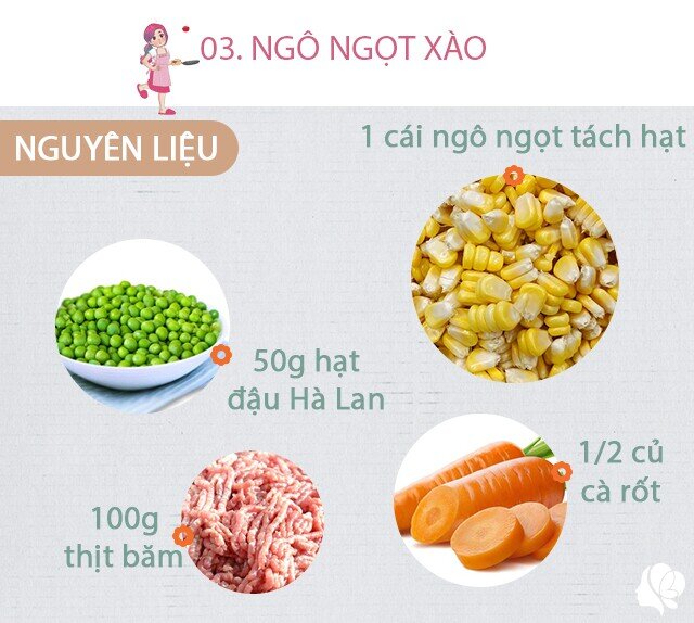 Chuẩn bị: 1 cái ngô ngọt tách hạt, 1/2 củ cà rốt gọt sửa sạch rồi thái hạt lựu, 50g hạt đậu Hà Lan, 100g thịt băm. hành khô, muối.