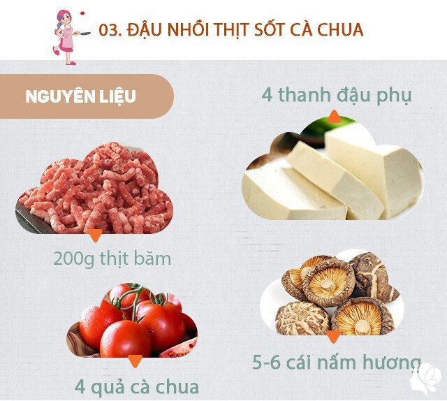 Chuẩn bị: 4 cái đậu phụ, 5-6 cái nấm hương, 200g thịt băm, 4 quả cà chua to, 5-6 cái nấm hương ngâm mềm và băm nhỏ, hành lá thái nhỏ, nước mắm, hành khô.