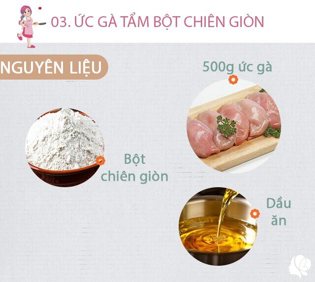 Chuẩn bị: 500g ức gà thái miếng vuông, dầu ăn, bột chiên giòn.