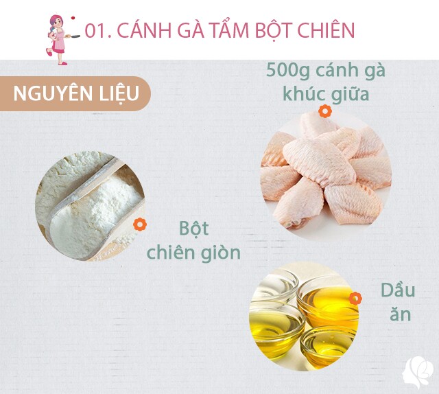 Chuẩn bị: 500g cánh gà khúc giữa, bột chiên giòn, dầu ăn.