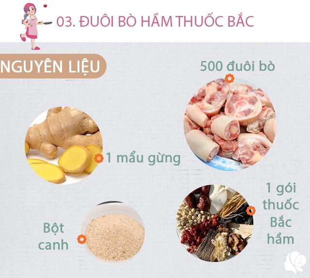 Chuẩn bị: 500 đuôi bò đã làm sạch và chặt khúc, 1 gói thuốc bắc để hầm, 1 mẩu gừng, bột canh, dầu ăn, một ít nấm đông trùng.