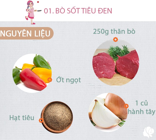 Chuẩn bị: 250g thăn bò, 1 củ hành tây, ớt ngọt mỗi màu 1 quả, hạt tiêu đen, tiêu xanh, một ít bột mì, gia vị.