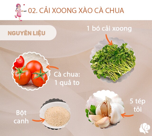 Chuẩn bị: 1 bó cải xoong, 1 quả cà chua, 5 tép tỏi, dầu ăn, bột canh.