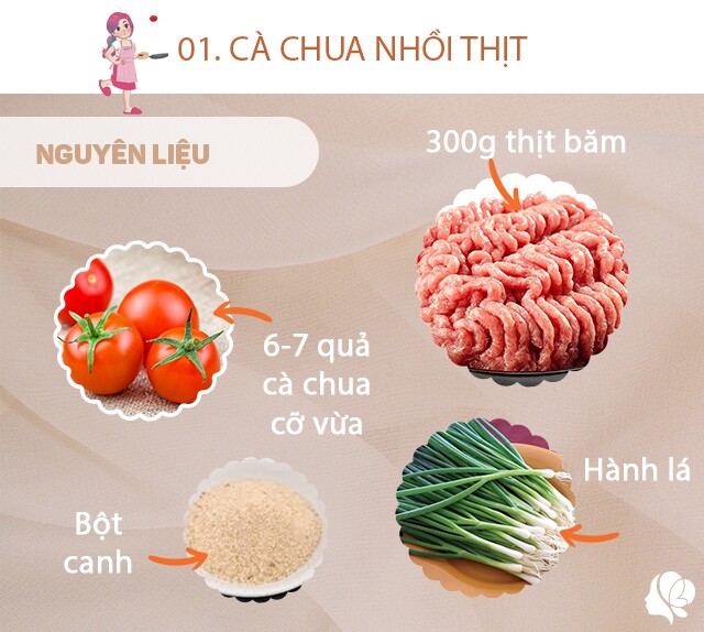 Chuẩn bị: 300g thịt băm, 6-7 quả cà chua cỡ trung bình (để nhồi thịt), hành lá, bột canh, dầu ăn, 2 quả cà chua to, 1 cánh mộc nhĩ.