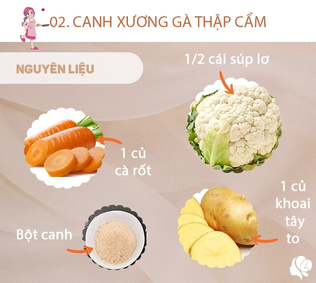 Chuẩn bị: 200g xương gà (cổ, canh, chân), 1 củ cà rốt, 1/2 cây súp lơ trắng, 1 củ khoai tây, bột canh, hành khô.