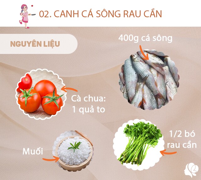 Chuẩn bị: 400g cá sông (có thể là cá chày hay loại cá vụn nào đó ở sông), 1 quả cà chua, muối, 1/2 bó rau cần, hành khô, tỏi.