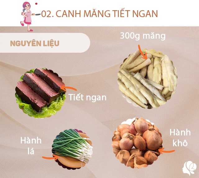 Chuẩn bị: 300g măng, tiết ngan luộc, hành khô, hành lá, muối, dầu ăn.