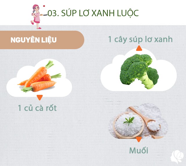 Chuẩn bị: 1 cây súp lơ tách nhánh rửa sạch, 1 thìa muối, 1 củ cà rốt.