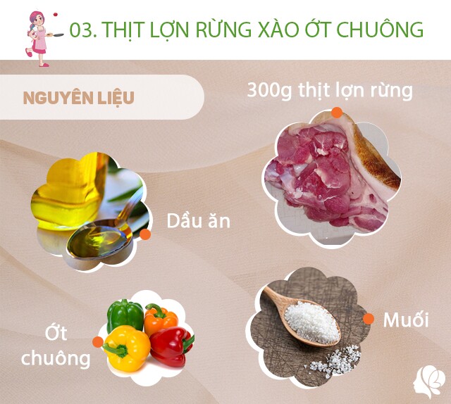 Chuẩn bị: 300g thịt lợn rừng thái miếng mỏng, dầu ăn, ớt chuông xanh - đỏ - vàng mỗi loại 1/3 quả, muối, dầu ăn, dầu hào, hành khô. 