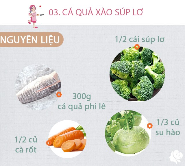 Chuẩn bị: 300g cá quả phi lê thái miếng vừa ăn, 1/2 cái súp lơ xanh tách nhỏ rửa sạch, 1/3 củ su hào gọt vỏ rửa sạch thái lát mỏng, 1/2 củ cà rốt thái lát tỉa hoa, gừng, hành khô, thì là, hạt tiêu, dầu ăn, muối.