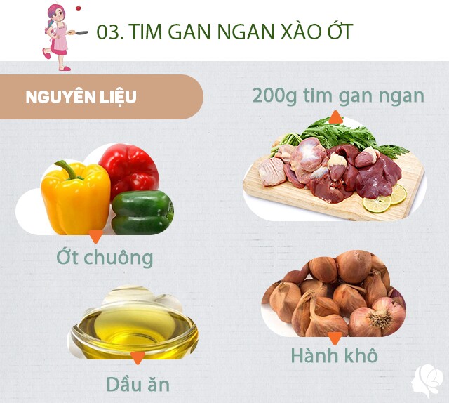 Chuẩn bị: 200g tim gan ngan, hành khô, dầu ăn, 1/2 quả ớt chuông vàng, 1/2 quả ớt chuông đỏ, dầu ăn, muối.