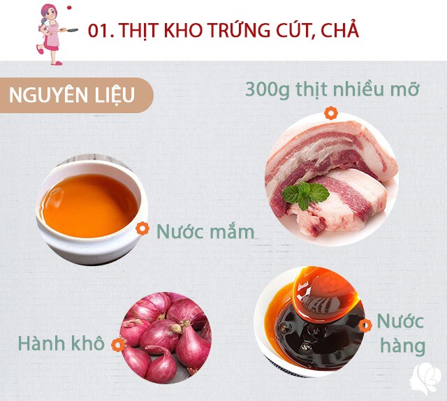 Chuẩn bị: 300g thịt ba chỉ, 15 quả trứng cút luộc đã bóc vỏ rồi đem rán vàng các mặt, 200g chả mỡ cắt miếng rồi chiên vàng, nước hàng, bột canh, nước mắm, hành khô