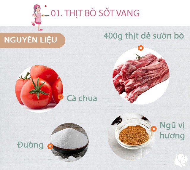 Chuẩn bị: - 400 thịt dẻ sườn bò hoặc phần thịt bò có nhiều gân - 1 quả cà chua; nửa chén rượu vang; 2 thìa nhỏ thịt quả gấc; 1/2 gói ngũ vị hương; 1 miếng quế; 2 bông hoa hồi; 2 thìa nhỏ đường; gia vị nước mắm bột nêm vừa miệng, 2 củ khoai tây, 1/2 củ cà rốt.