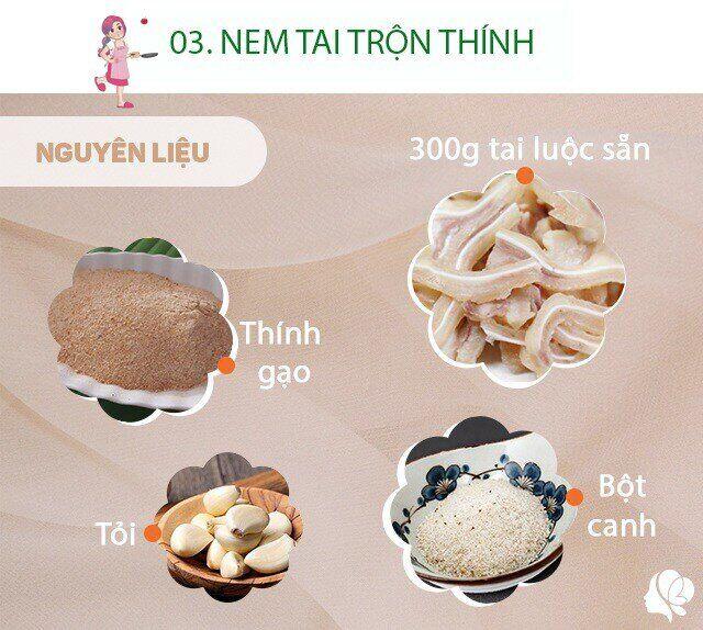 Nguyên liệu: 300g tai heo luộc chín, thái sẵn; 100g thính gạo; 1 muỗng cà phê nước mắm; 1 muỗng cà phê bột canh; 1 muỗng cà phê đường; 1 củ tỏi; 3 quả ớt; 5-7 lá chanh