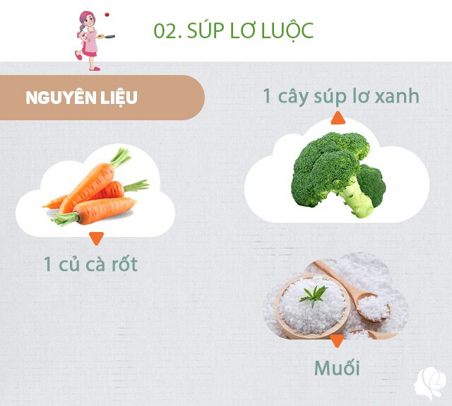 Chuẩn bị: 1 cây súp lơ tách nhánh rửa sạch, 1 thìa muối, 1 củ cà rốt.