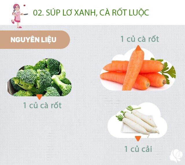 Chuẩn bị: 1 cái súp lơ, 1 củ cà rốt, 1 củ cải nhỏ, xíu muối, dầu ăn.