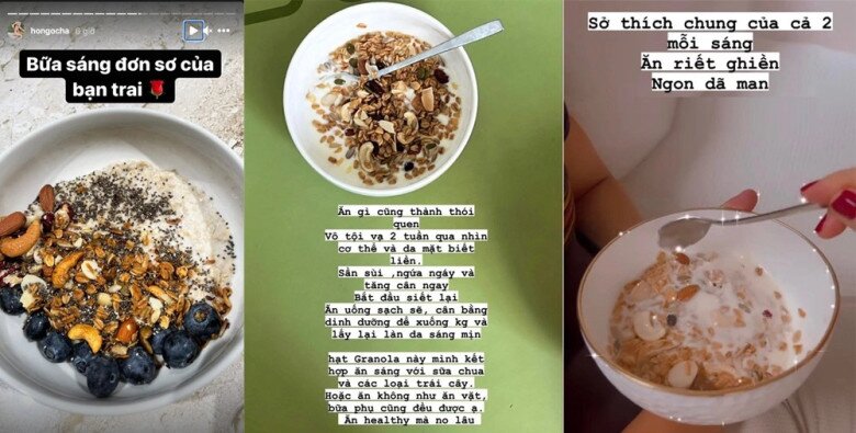 Cô thường xuyên chuẩn bị các món như granola kết hợp với sữa chua và trái cây tươi cho bữa sáng, khoai lang luộc và salad rau củ cho bữa trưa, giúp duy trì vóc dáng thon gọn và cung cấp đầy đủ dưỡng chất cho cơ thể.