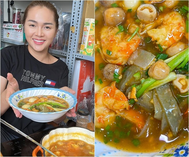 Ngoài bánh canh chả cá, Diễm Châu nhiều lần nấu bánh canh tôm, đây đã là món tủ của nàng Á hậu. Món ăn trông rất hấp dẫn và đẹp mắt. Có lẽ việc chả cá theo hình dạng lạ chỉ là phút biến tấu vui của cô mà thôi. 