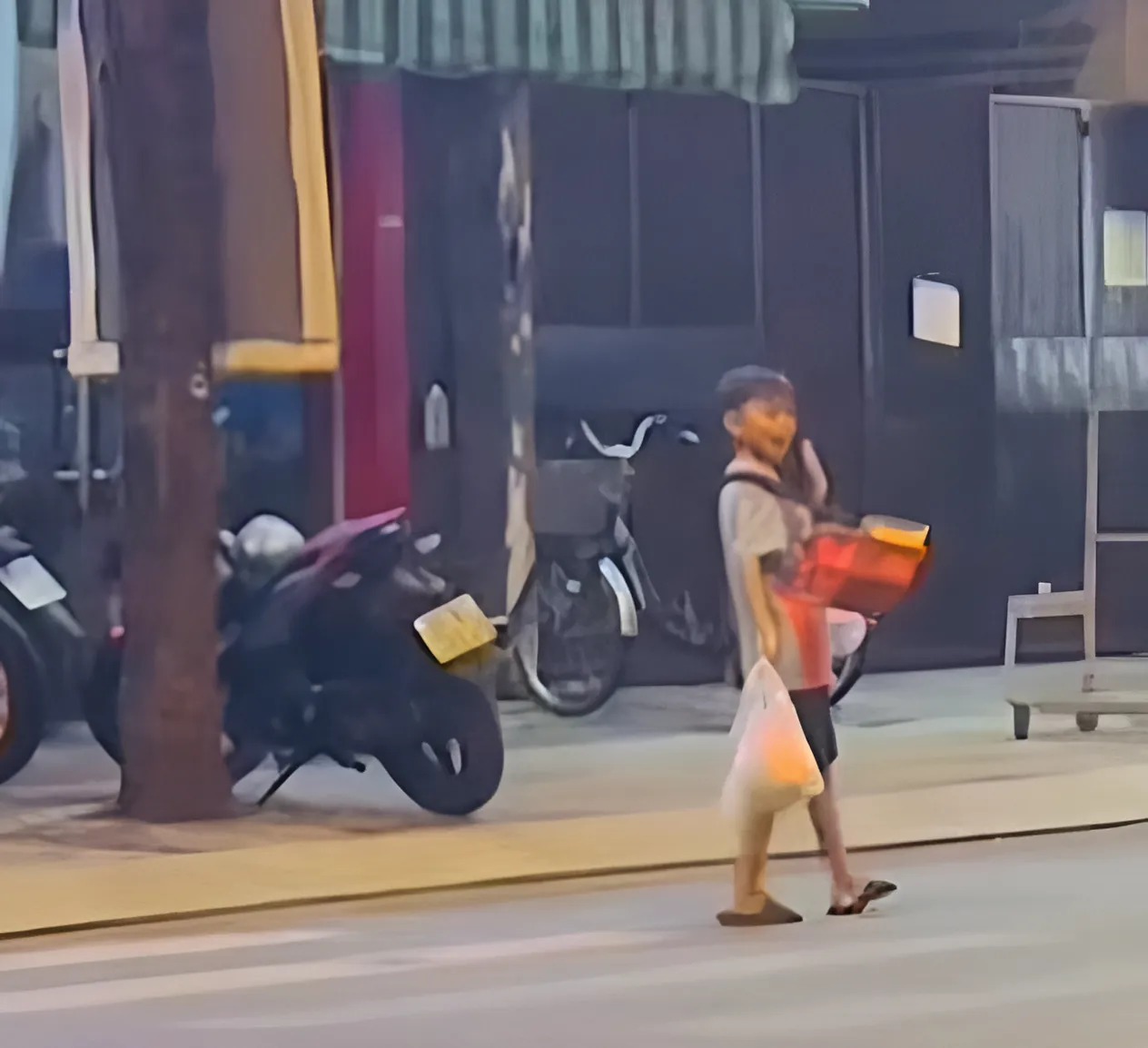 Đứa trẻ ấy vui vẻ nhận đồ ăn mang về cho ông bà ngoại