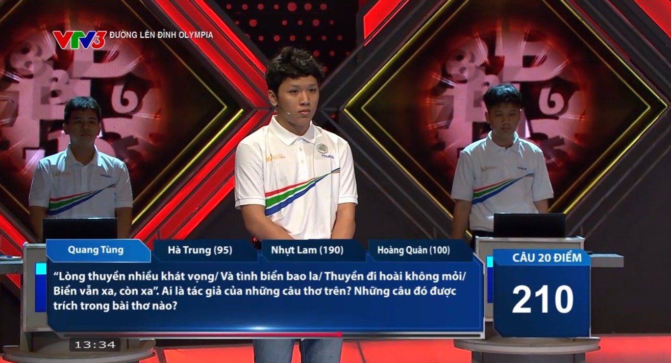 Quang Tùng là người Về đích đầu tiên với 1 câu trả lời đúng, nâng tổng số điểm lên 230. Hà Trung đã đưa ra 1 đáp án sai trong lượt thi của Quang Tùng và bị trừ 10 điểm. 