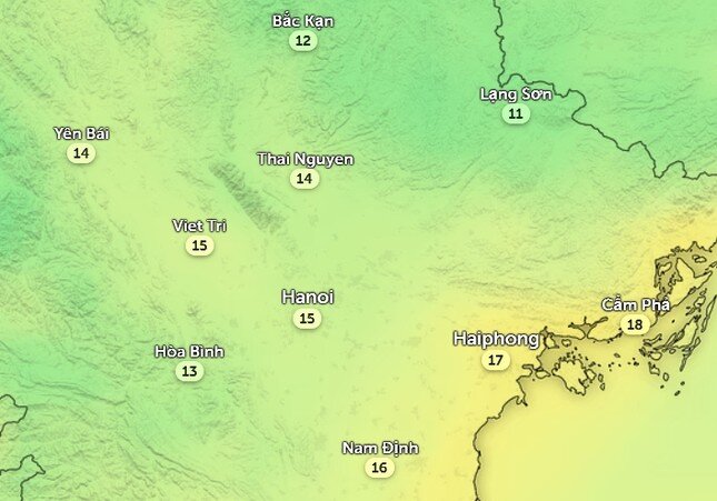 Nhiệt độ cảm nhận ở một số tỉnh thành miền Bắc vào chiều nay, 24/2. Ảnh: Zoom Earth, OpenStreetMap, ICON.