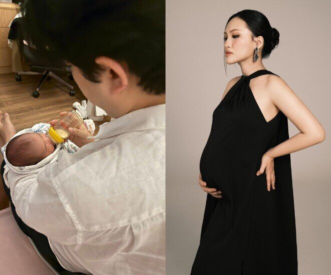 Nguyên Hà sinh con đầu lòng, được ông xã phụ giúp chăm sóc.