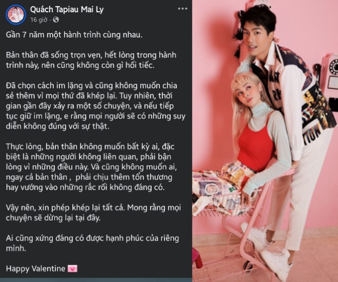 Mlee xác nhận kết thúc mối tình gần 7 năm ngay ngày Valentine.