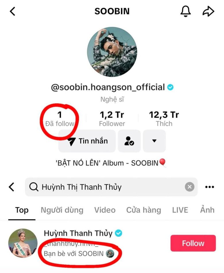 Soobin Hoàng Sơn chỉ theo dõi một mình Thanh Thủy trên TikTok.