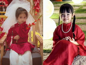 Ái nữ nhà sao Việt đụng hàng áo dài đỏ đón Tết: Con Cường Đô La như người mẫu, con Đoàn Di Băng thành cô dâu