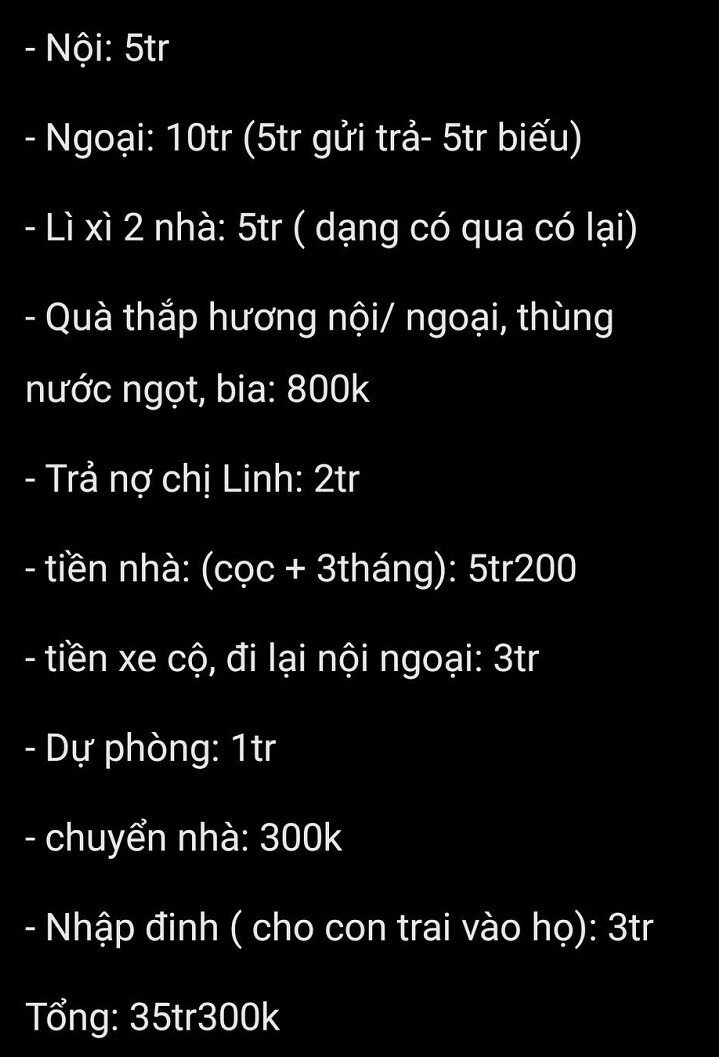  “Muốn vé cũng không thể vén nổi, tết chẳng tiêu gì cho bản thân, quần áo không, làm tóc không. Tính sương sương âm tiền. Giờ chỉ trông chờ vào mấy đồng lì xì của con để xoay vòng tiền tiêu. Chồng bảo âm tiền thì ra Tết thôi không về ngoại nữa”.