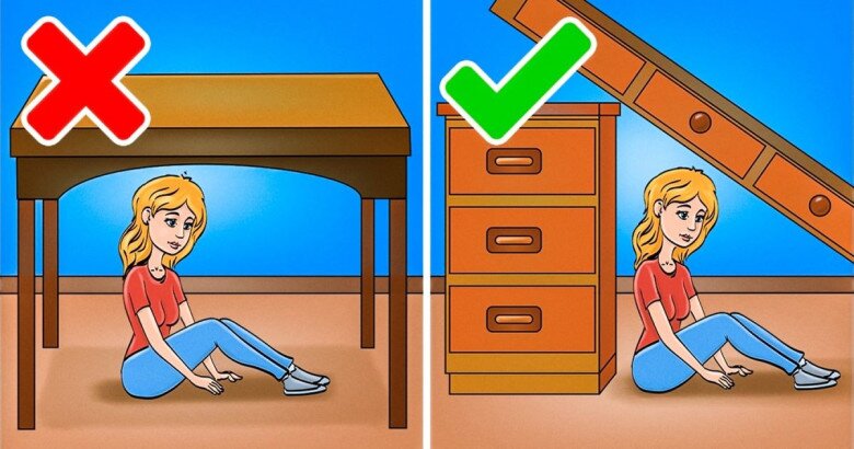 Hoặc bạn có thể tìm góc trú ẩn, có thể tạo thành hình tam giác, ngồi dựa thẳng lưng vào tường,vách để tạo thành tư thế an toàn.