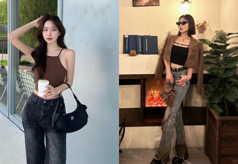 Áo croptop kết hợp với quần jeans cạp cao giúp tôn lên vóc dáng và mang lại vẻ ngoài hiện đại. Để tránh phản cảm, hãy chọn áo croptop có độ dài vừa phải và kết hợp với quần cạp cao để cân bằng trang phục.