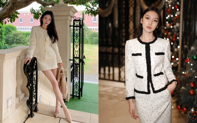 Dạ tweed là chất liệu kinh điển trong làng thời trang, mang đến sự sang trọng và ấm áp, đặc biệt phù hợp với không khí se lạnh của những ngày đầu năm. Một set áo và chân váy tweed sẽ giúp bạn tỏa sáng với vẻ ngoài quý phái, thanh lịch nhưng vẫn trẻ trung và hiện đại.