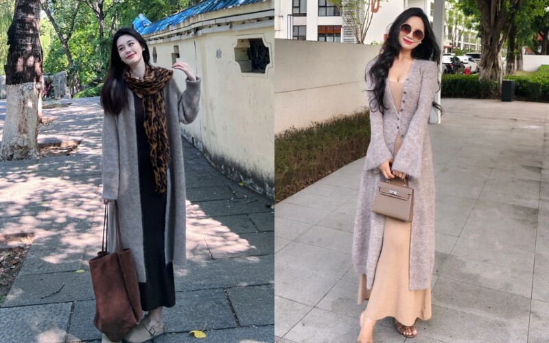 Một chiếc áo cardigan dài khoác ngoài đầm len suông sẽ giúp bạn trông dịu dàng, giữ ấm mà vẫn đảm bảo sự kín đáo khi đi chùa. Bạn có thể kết hợp cùng khăn voan mỏng hoặc một chiếc túi nhỏ để tạo điểm nhấn cho tổng thể trang phục.