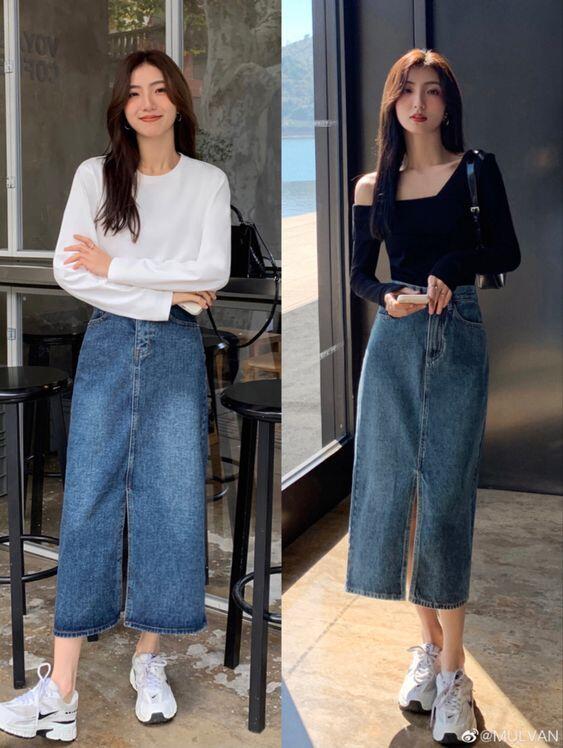 Dù là thời tiết trở lạnh hay ấm áp thì chân váy denim dáng dài vẫn hoàn toàn linh hoạt trong tủ đồ. 