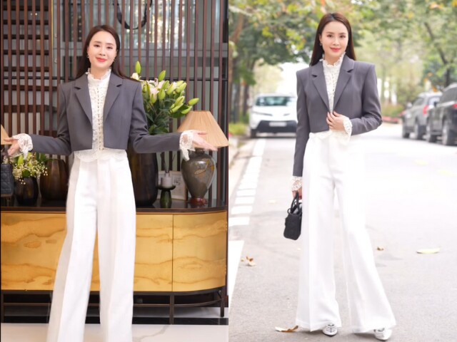 Để tăng thêm điểm nhấn cho trang phục, Hồng Diễm đã lựa chọn khoác ngoài một chiếc blazer croptop dáng ngắn. Thiết kế này không chỉ giúp cân đối tỉ lệ cơ thể mà còn tạo hiệu ứng tôn eo, giúp vóc dáng trông cao ráo hơn.