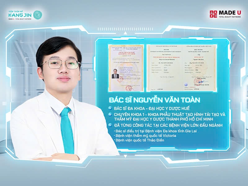 Bác sĩ Toàn tốt nghiệp Chuyên khoa 1 Khoa Phẫu Thuật Tạo Hình Tái Tạo Và Thẩm Mỹ – Đại học Y dược thành phố Hồ Chí Minh, cấp bậc cao trong đào tạo bác sĩ lĩnh vực thẩm mỹ tại nước ta hiện nay.