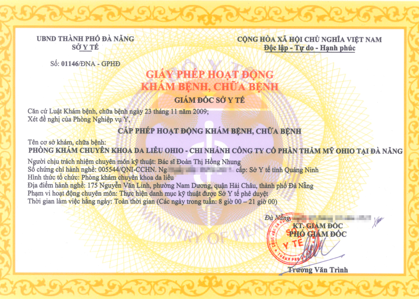 Phòng khám chuyên khoa da liễu OHIO Đà Nẵng được cấp phép hoạt động