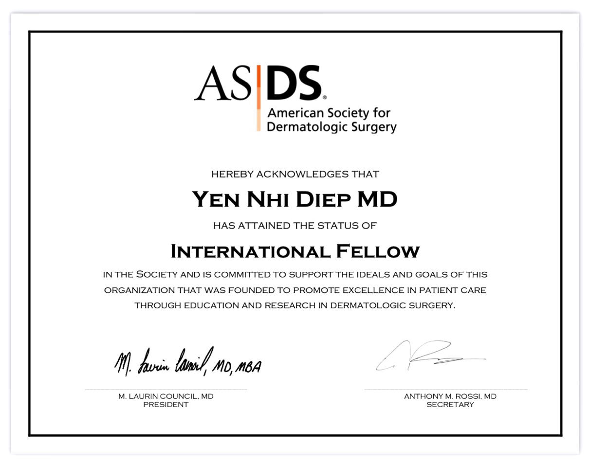 Bác sĩ Diệp Yến Nhi được công nhận là International Fellow của Hiệp Hội Phẫu thuật Da Hoa Kỳ (ASDS).