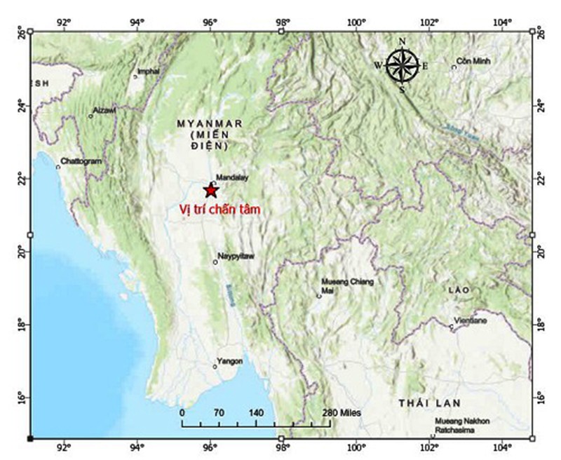 Tâm chấn động đất tại Myanmar. Ảnh Viện Vật lý địa cầu